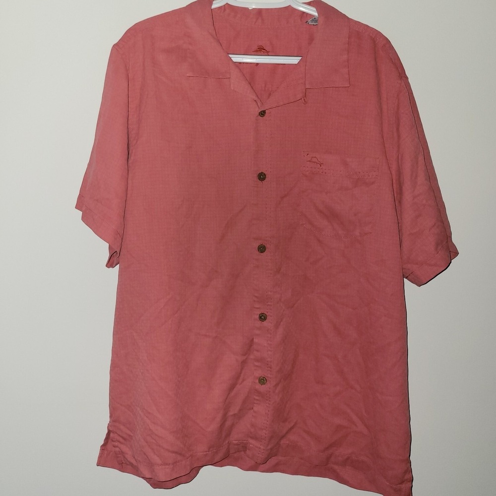 Tommy Bahama Button Up Shirt Men's Size XL Pink Salmon Hawaiian Silk Coolmax